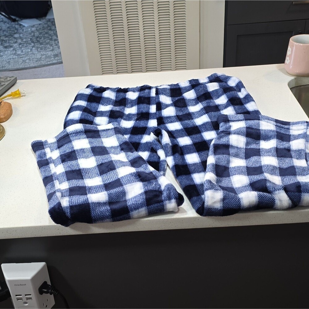 PJ Essentials Women's Fleece Plaid Pajama Pants M Blue/White Drawstring - Picture 3 of 7